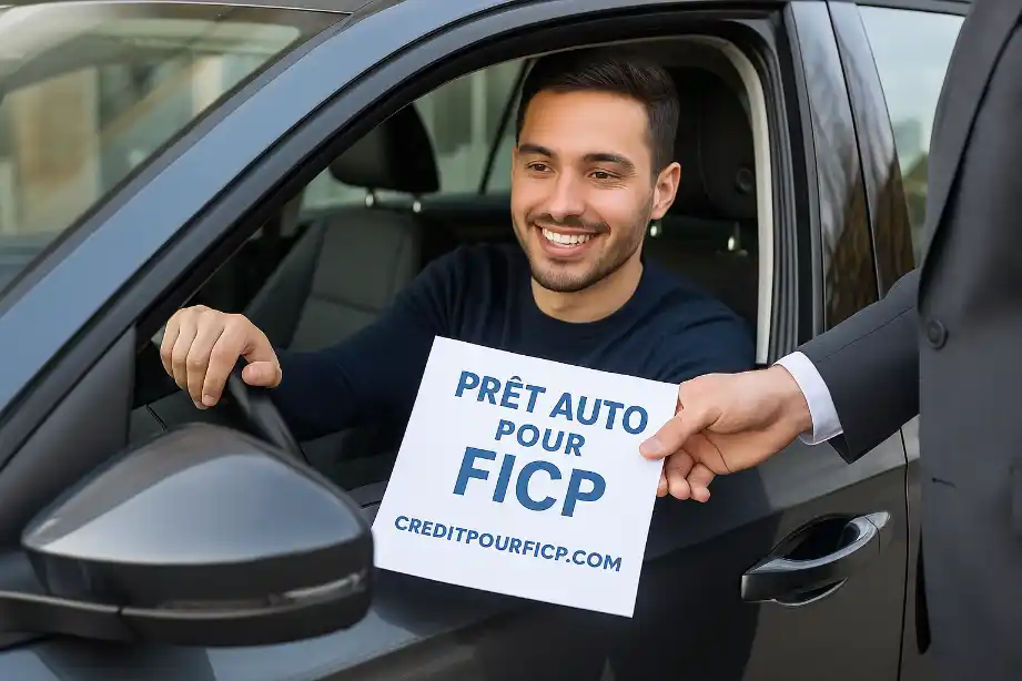 Voiture d'occasion garée devant un concessionnaire avec un vendeur