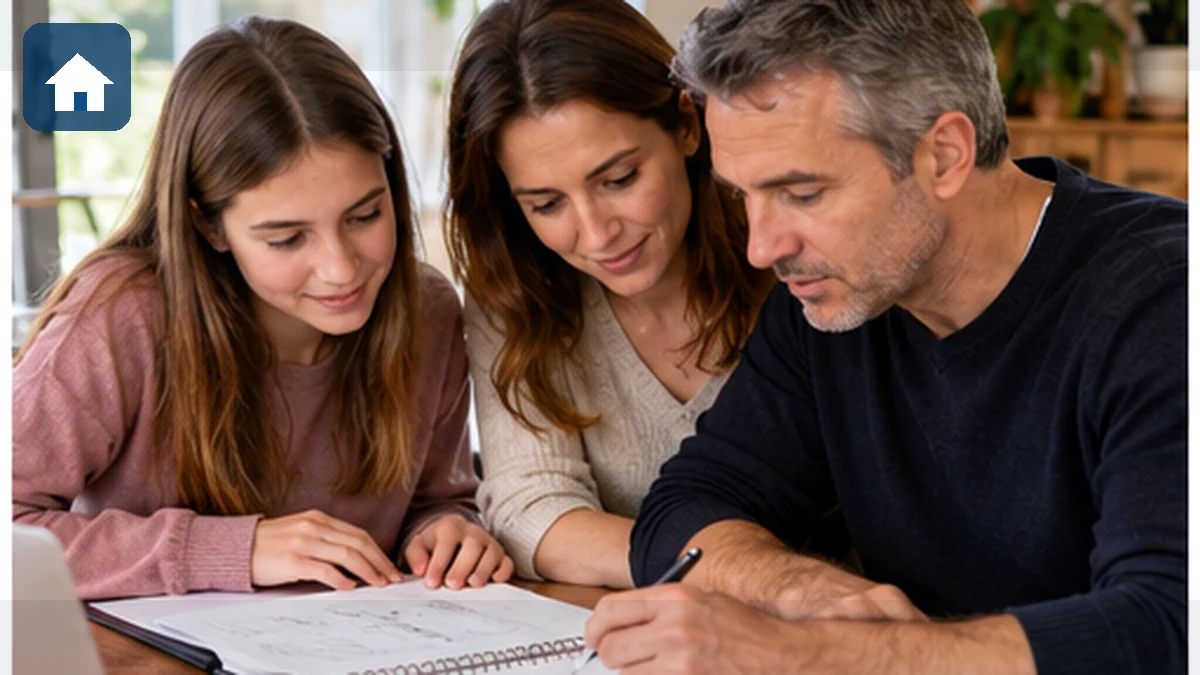 Couple en discussion avec un investisseur et un avocat autour d'un dossier immobilier sur une table