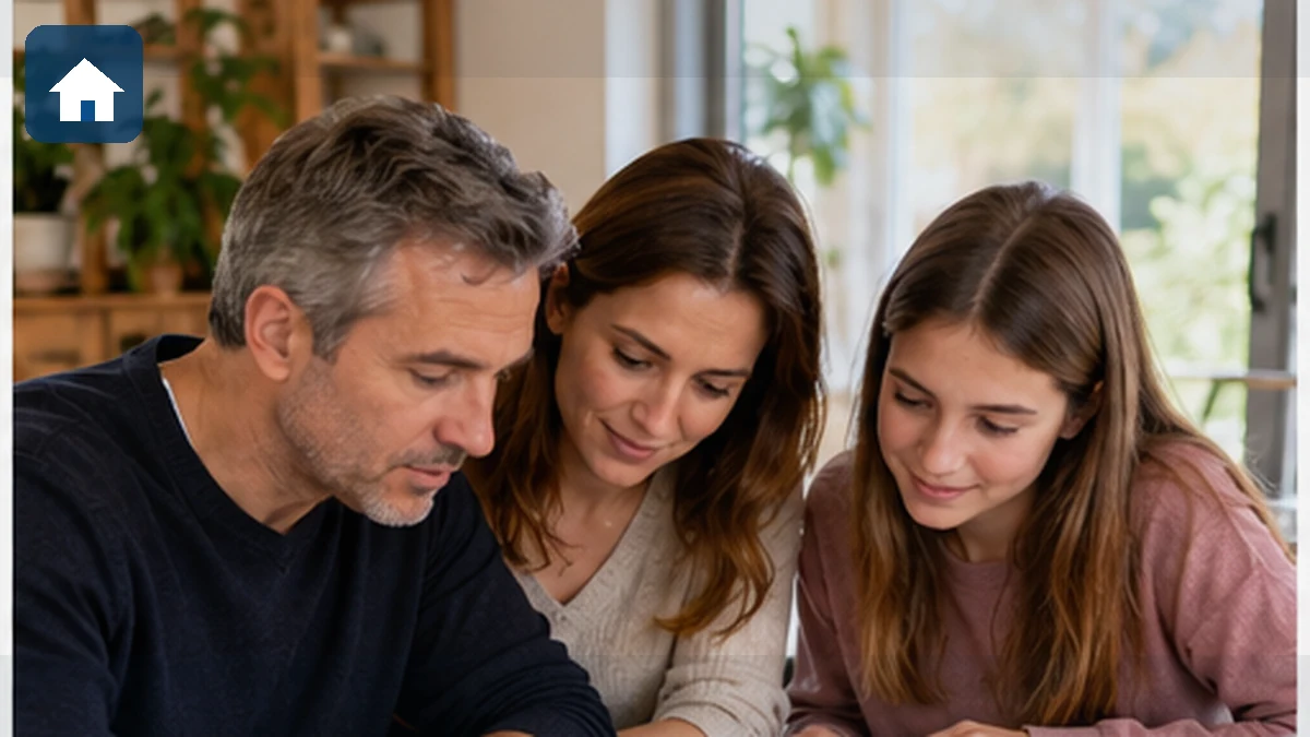Couple examinant un tableau d'amortissement de crédit immobilier devant leur maison