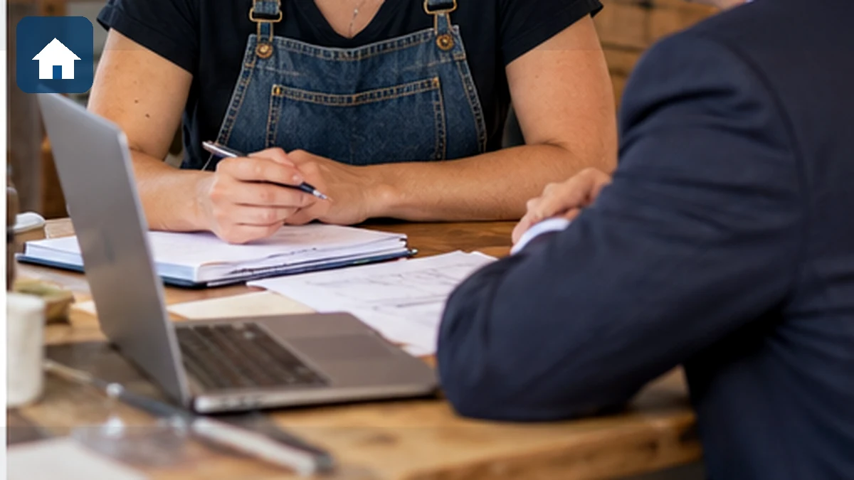 Propriétaire lisant un acte de vente chez un notaire avec une maison miniature sur le bureau
